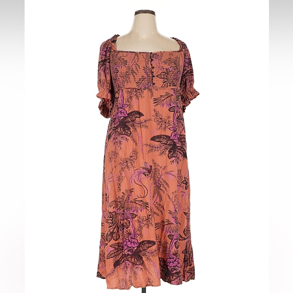 Anthropologie Pink and Black Floral Midi Dress